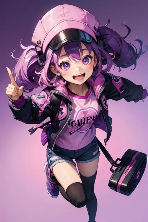 ( 1girl is happy and laughing) ((Pure purple and pink background:1.2)),A girl ready for a day of gaming,her dark curly hair adorned with a cap,carries a loaded backpack. Her black jacket and shorts combination is complemented by gaming motifs,suggesting a dedicated gamer lifestyle.,