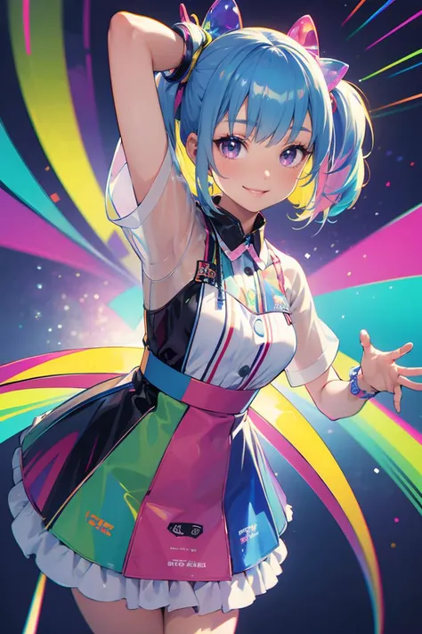 dynamic angle,perspective composition,transparent color PVC clothing,transparent color vinyl clothing,prismatic,holographic,chromatic aberration,fashion,masterpiece,girl with harajuku fashion,smile,cool pose,looking at viewer,ultra detailed,pixiv,