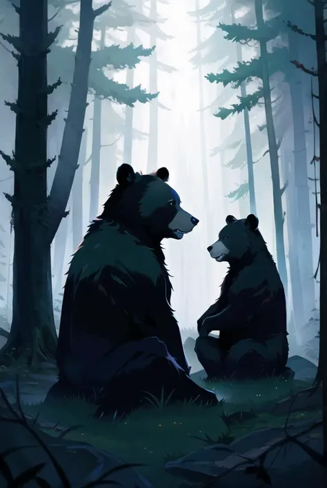 grieving bears listless in the forest of your nightmares, best quality, highly detailed, professional color grading, film grain, atmosphere, wondrous, 8k resolution, hyper realistic,