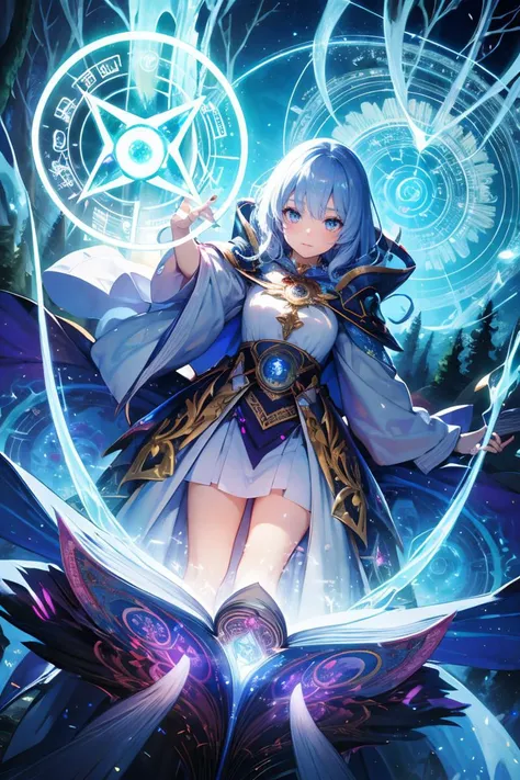 best quality,masterpiece,illustration,ultra-detailed,beautiful detailed eyes,(1girl:1.3),white robe,magician,enchanting spell,high-angle view,magical forest,otherworldly beauty,casting pose,magical staff,invocation effects,soft and ethereal light,fantastical atmosphere,mystical creatures,empowering allies,enhancing abilities,elemental magic,swirling energy,pulsating aura,determination,support,vibrant colors,glowing runes,levitating,swirling leaves,teamwork,magical bonds,protective shield,guiding light,shimmering particles,enchanted surroundings,harmony with nature,hope,wisdom,ancient secrets,celestial beings,arcane knowledge,mystic symbols,spellcasting,elemental forces,