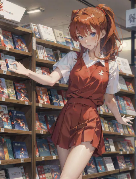 masterpiece, photorealistic
Soryu Asuka Langley wearing school uniform, dynamic pose, book store