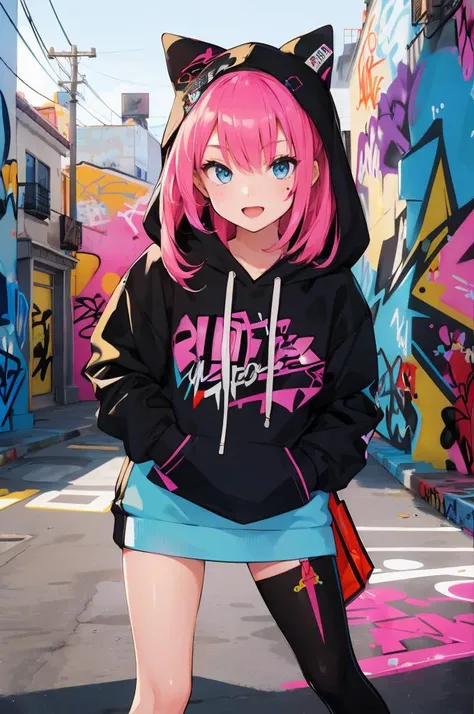 (masterpiece, best quality), detailed clothing, extremely detailed background
BREAK (1girl), 18yo, solo, charming face, tilting head,
Dynamic, (graffiti-inspired:1.4), street scene featuring a group of energetic youths striking bold, expressive poses, hoodies emblazoned with abstract, neon-hued graphics that seem to pulse with youthful vitality