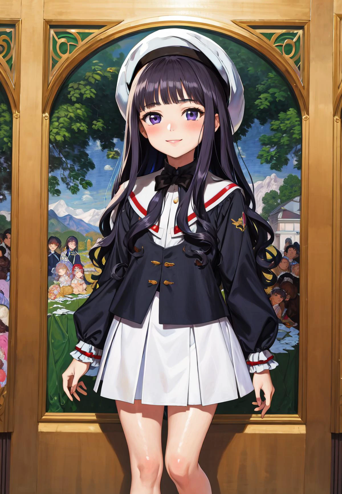 (masterpiece), (best quality), (intricate details), (illustration), (absurdres), (ecstatic),
finely detail, (poster illustration),
(oil painting by (Francois Boucher), (alphonse mucha:0.8), Claude Monet, (Franz Xaver Winterhalter:0.8), (NORMAN ROCKWELL:0.8)),
<lora:TomoyoDaidoji-128:1> tomoyo, tomoyo-e, clamp,
1girl, solo, smile, long hair, hat, white headwear, black hair, purple eyes, blunt bangs,
(skinny fit), (looking at viewer), (blush), (full body), very detailed face,
(detailed background:1.2),
beautiful legs, detailed body, detailed hand, (ultra detailed), SHARP, (highres), (HIGH DETAIL:1.2), finely detailed, soft lighting, beautiful detailed glow,