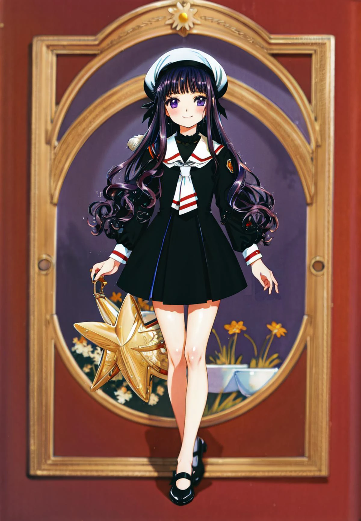 (masterpiece), (best quality), (intricate details), (illustration), (absurdres), (ecstatic),
finely detail, (poster illustration),
<lora:TomoyoDaidoji-128:1> tomoyo, tomoyo-e, (clamp:1.4), daidouji tomoyo,
1girl, solo, smile, long hair, hat, white headwear, black hair, purple eyes, blunt bangs,
<lora:clampCardcaptorSakura_v10:0.3>
(skinny fit), (looking at viewer), (blush), (full body:1.2), very detailed face,
(detailed background:1.2),
beautiful legs, detailed body, detailed hand, (ultra detailed), SHARP, (highres), (HIGH DETAIL:1.2), finely detailed, soft lighting, beautiful detailed glow,