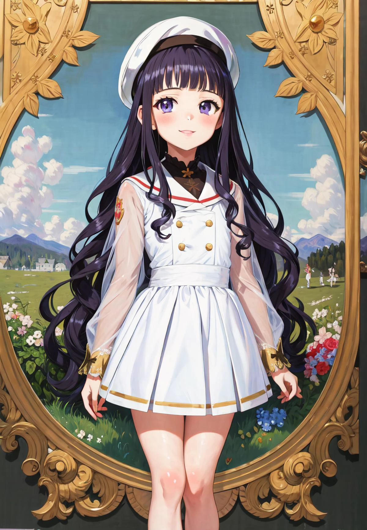 (masterpiece), (best quality), (intricate details), (illustration), (absurdres), (ecstatic),
finely detail, (poster illustration), (a cute girl:1.02),
(oil painting by (Francois Boucher), (alphonse mucha:0.8), Claude Monet, (Franz Xaver Winterhalter:0.8), (NORMAN ROCKWELL:0.8)),
<lora:TomoyoDaidoji-128:1> tomoyo, tomoyo-e, (clamp:1.1),
1girl, solo, smile, long hair, hat, white headwear, black hair, purple eyes, blunt bangs,
(skinny fit), (looking at viewer), (blush), (full body), very detailed face,
(detailed background:1.2),
beautiful legs, detailed body, detailed hand, (ultra detailed), SHARP, (highres), (HIGH DETAIL:1.2), finely detailed, soft lighting, beautiful detailed glow,