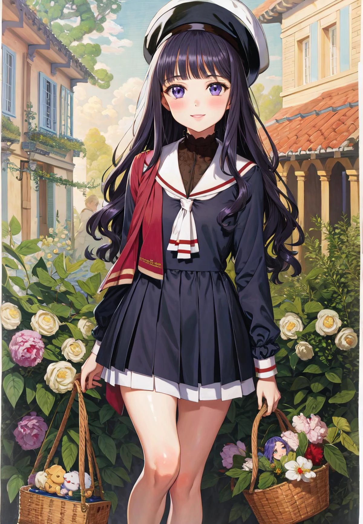 (masterpiece), (best quality), (intricate details), (illustration), (absurdres), (ecstatic),
finely detail, (poster illustration),
(oil painting by (Francois Boucher), (alphonse mucha:0.8), Claude Monet, (Franz Xaver Winterhalter:0.8), (NORMAN ROCKWELL:0.8)),
<lora:TomoyoDaidoji-128:1> tomoyo, tomoyo-e, (clamp:1.2),
1girl, solo, smile, long hair, hat, white headwear, black hair, purple eyes, blunt bangs,
(skinny fit), (looking at viewer), (blush), (full body), very detailed face,
(detailed background:1.2),
beautiful legs, detailed body, detailed hand, (ultra detailed), SHARP, (highres), (HIGH DETAIL:1.2), finely detailed, soft lighting, beautiful detailed glow,