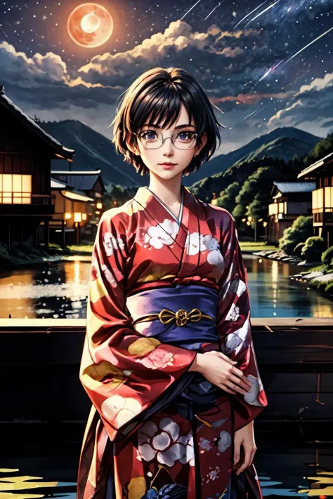 (masterpiece),(best quality), <lora:ShizuneHakamichi:0.7>, Shizune, main outfit, glasses, looking at the viewer,beautiful blood moon light, castle, (background with japanese town in ruins:1), lake, mountains, (((night))), <lora:Adddetail:0.7>, looking at the viewer