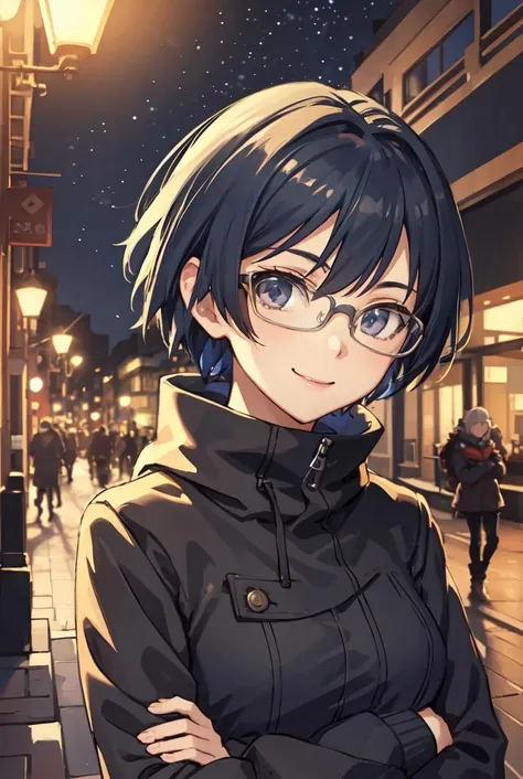(best quality), (masterpiece), Shizune, city, night, winter clothes, looking at viewer, smiling, upper body, <lora:ShizuneHakamichi:0.7>