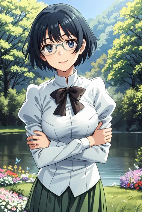 (best quality), (masterpiece), Shizune, school uniform, forest clearing, sunny, lake, flowers, butterflies, looking at viewer, smiling, <lora:ShizuneHakamichi:1>