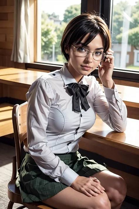 (masterpiece),(best quality), <lora:ShizuneHakamichi:0.9>, Shizune, 20 years old woman, school uniform, glasses, looking at the viewer, sunlight, windows, chair, sitting, desk, looking at the viewer, large breasts