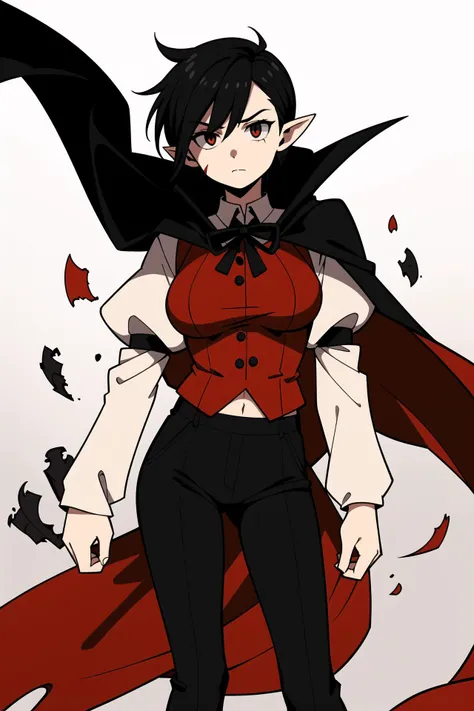 <lora:cabbage:0.5>hotify,pants,colored skin,black pants,puffy sleeves,looking at viewer,black sclera,red vest,large breasts,two-sided cape,absurdres,shirt,scar across eye,pointy ears,cape,scar,black cape,black hair,goblin,white shirt