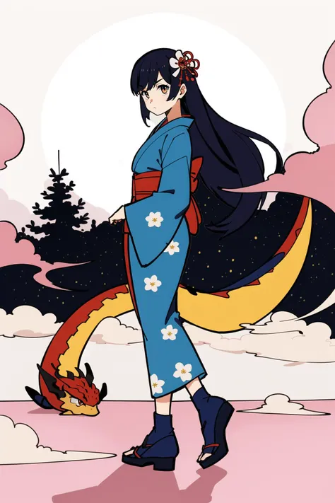 <lora:cabbage:0.7>,absurdres,satsuki_kei,1girl,dragon,full_body,full_moon,smoke,tree,eastern_dragon,hair_ornament,floral_print_kimono,absurdly_long_hair,blunt_bangs,shadow,night,traditional_clothes,moon,looking_at_viewer,hair_flower