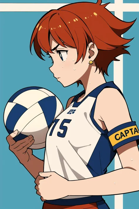 <lora:cabbage:0.5>hotify,white pupils,volleyball,tomboy,tan,short hair,armband,volleyball uniform,blue tank top,1girl,highres,gym,from side,shirt lift,polka dot background,sweat,holding ball,upper body,indonesian commentary,earrings