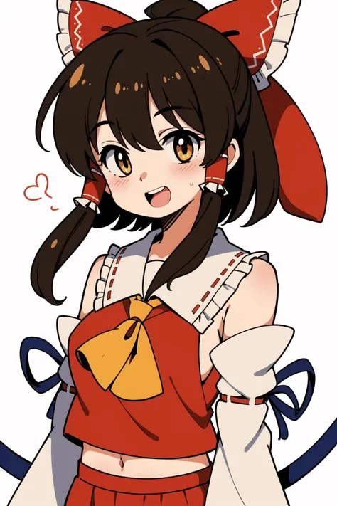 <lora:cabbage:0.5>hotify,white background,highres,detached sleeves,japanese clothes,hakurei reimu,matsukuzu,blush,skirt,open mouth,upper body,touhou,1girl,simple background,ascot,smile,yellow ascot,bow,ribbon trim,brown hair