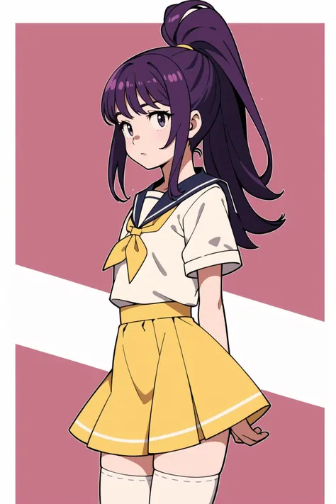 <lora:cabbage:0.5>hotify,long hair,yellow dress,ponytail,solo,cowboy shot,white border,arms at sides,1girl,paprika private academy school uniform,pink thighhighs,shirt,pink neckerchief,purple hair,white shirt,white outline,idol time pripara,sailor collar,outline,school uniform