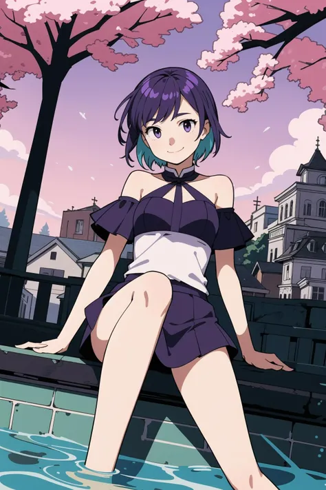 <lora:cabbage:0.5>hotify,smile,short hair,multicolored hair,hololive,two-tone hair,purple eyes,1girl,solo,shinigami kiraki,thighs,purple hair,minato aqua,outdoors,bare shoulders