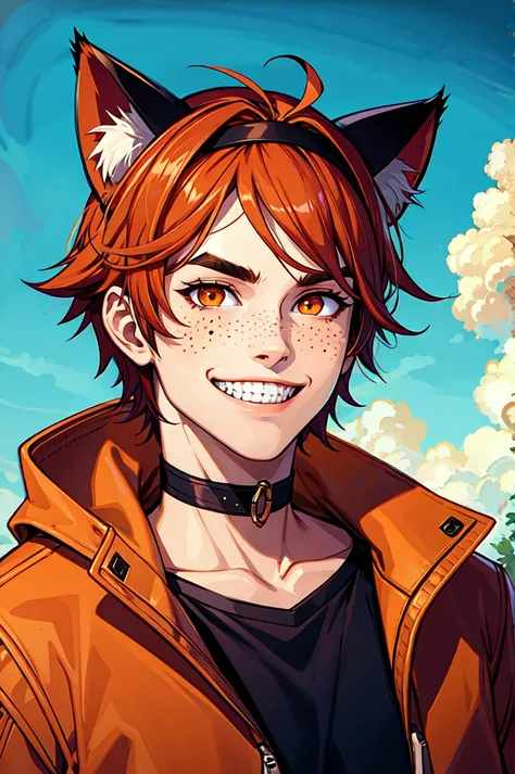 cat ears, 1boy, male focus, solo, smile, orange eyes, freckles, auburn hair, thick eyebrows, looking at viewer, choker, headband, grin, jacket