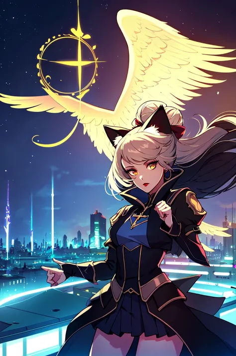 (highres:1.1), best quality, (masterpiece:1.3), beautiful lighting, intricate (high detail:1.2),1girl, gothic, black lips, solo, black hair, makeup, twin tails, hair buns, multicolored hair, white hair, bangs, eyeshadow, cross, hair bow, bow, lipstick, two-tone hair, magical girl outift, ethereal, cat ears, animal ears, angel wings, depth of field, science fiction, cyberpunk, rooftop, cityscape, cowboy shot, beautiful night sky, (summer:1.2), wind swept hair,{specular highlights : beautiful lighting : volumetric lighting},fxaa, octane render,