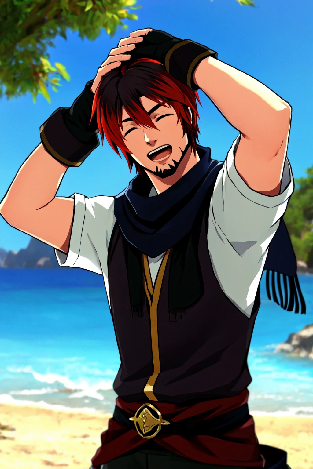 Khit'li L'ocar, arms up, bangs, black scarf,blurry background, closed eyes, facial hair, fingerless gloves, fruit, gloves, goatee, hair between eyes, hands on own head, hyur, jewelry, multicolored hair, necklace, open mouth, outdoors, red hair, scarf, shirt, short hair, short sleeves, stubble, two-tone hair, upper body, water,specular highlights, <lora:Miqote_Khitli:0.4>