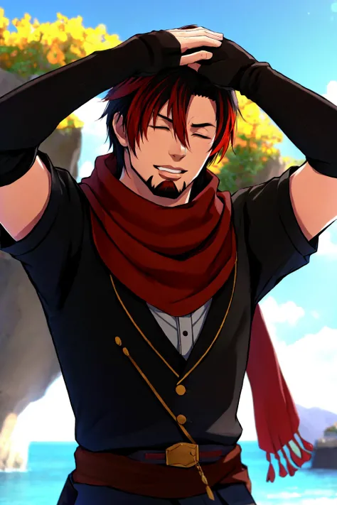 Khit'li L'ocar, arms up, bangs, black scarf,blurry background, closed eyes, facial hair, fingerless gloves, fruit, gloves, goatee, hair between eyes, hands on own head, hyur, jewelry, multicolored hair, necklace, open mouth, outdoors, red hair, scarf, shirt, short hair, short sleeves, stubble, two-tone hair, upper body, water,specular highlights, <lora:Miqote_Khitli:0.4>