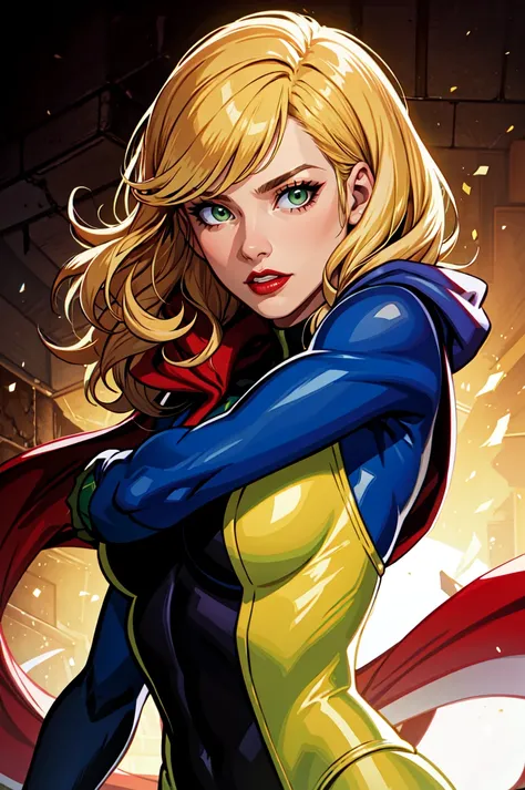 masterpiece, best quality, 1girl, red lips, solo, green eyes, green and yellow body suit, curly hair, multicolored hair, white hair, auburn hair, two-tone hair,ombre , Rogue of the X-men, Anna Lebeau, bangs, hood, side lighting, skiny skin, superhero,best illustration,