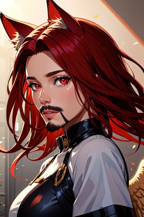 (masterpiece, best quality, ultra-detailed, highres, best illustration),perfect face, ((solo, solo focus)),sidelighting, lustrous skin,(bloom), (shine), ray tracing,animal ears, 1boy, solo, male focus,stubble, facial hair,red eyes , looking at viewer, beard, red hair, mustache, angel wings, lips,cat ears,depth_of_field,very detailed background,extreme light and shadow,(detailed eyes), (beautiful) beautiful detailed eyes, perfect lighting , perfect anatomy,(extremely detailed illustrated 8k wallpaper),(masterpiece), (best quality), (ultra-detailed), (best illustration),(best shadow) , vivid colors,