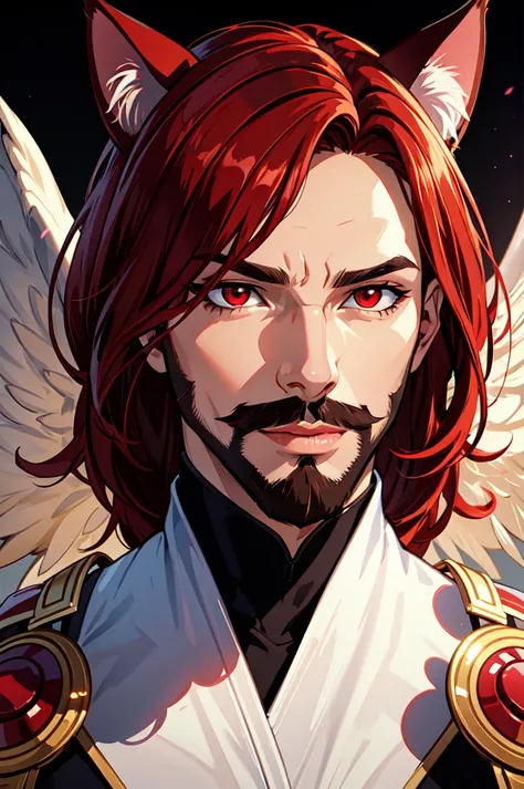 (masterpiece, best quality, ultra-detailed, highres, best illustration),perfect face, ((solo, solo focus)),sidelighting, lustrous skin,(bloom), (shine), ray tracing,animal ears, 1boy, solo, male focus,stubble, facial hair,red eyes , looking at viewer, beard, red hair, mustache, angel wings, lips,cat ears,depth_of_field,very detailed background,extreme light and shadow,(detailed eyes), (beautiful) beautiful detailed eyes, perfect lighting , perfect anatomy,(extremely detailed illustrated 8k wallpaper),(masterpiece), (best quality), (ultra-detailed), (best illustration),(best shadow) , vivid colors,