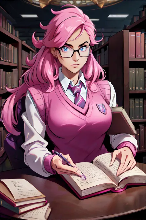 <lora:barbiecore:0.7> barbiecore academic man, glasses, messy hair, sweater vest, blazer, tie, holding books, library, masterpiece, 8k, high resolution, shallow depth of field, sharp focus