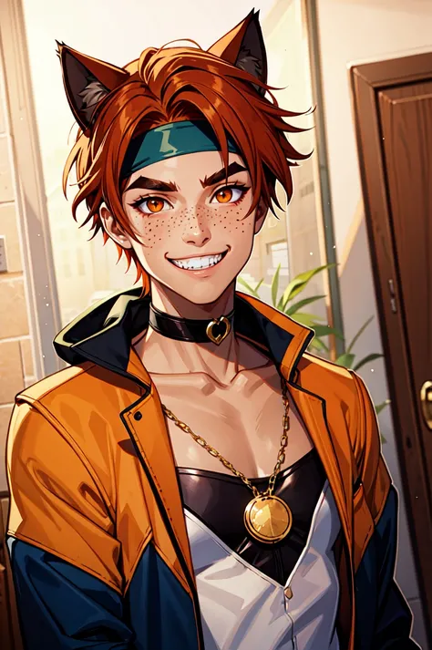 cat ears, 1boy, male focus, solo, smile, orange eyes, freckles, auburn hair, thick eyebrows, looking at viewer, choker, headband, grin, jacket
