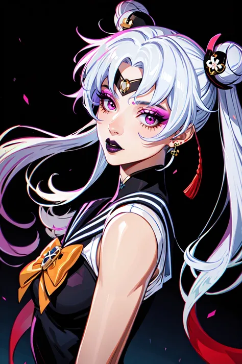 masterpiece, best quality, 1girl, gothic, black lips, solo, black hair, makeup, twin tails, hair buns, sailor moon, multicolored hair, white hair, bangs, eyeshadow, cross, hair bow, bow, lipstick, two-tone hair, fishnets, mascara, black background, hair ornament, (Genshin Impact)