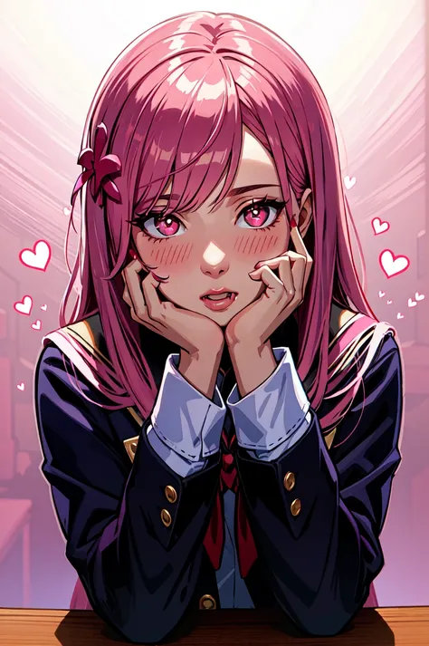 (masterpiece, best quality, ultra-detailed, highres, best illustration),perfect face, ((solo, solo focus)),sidelighting, lustrous skin,(bloom), (shine), ray tracing,1girl, symbol-shaped pupils, heart-shaped pupils, heart, solo, pink hair, hair ornament, hands on own face, long hair, blush, drooling, pink eyes, school uniform, long sleeves, looking at viewer, nail polish, red eyes, ribbon,depth_of_field,very detailed background,extreme light and shadow,(detailed eyes), perfect lighting , perfect anatomy,(extremely detailed illustrated 8k wallpaper),(masterpiece), (best quality), (ultra-detailed), (best illustration),(best shadow) , vivid colors,