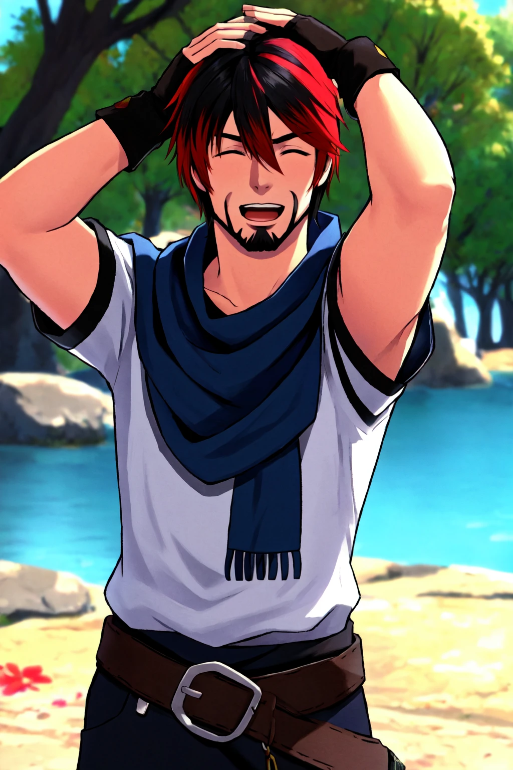 Khit'li L'ocar, arms up, bangs, black scarf,blurry background, closed eyes, facial hair, fingerless gloves, fruit, gloves, goatee, hair between eyes, hands on own head, hyur, jewelry, multicolored hair, necklace, open mouth, outdoors, red hair, scarf, shirt, short hair, short sleeves, stubble, two-tone hair, upper body, water,specular highlights, <lora:Miqote_Khitli:0.4>