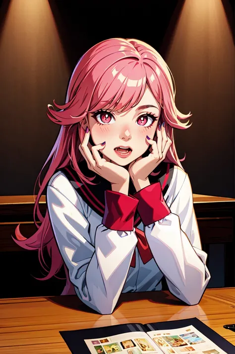 (masterpiece, best quality, ultra-detailed, highres, best illustration),perfect face, ((solo, solo focus)),sidelighting, lustrous skin,(bloom), (shine), ray tracing,1girl, symbol-shaped pupils, heart-shaped pupils, heart, solo, pink hair, hair ornament, hands on own face, long hair, blush, drooling, pink eyes, school uniform, long sleeves, looking at viewer, nail polish, red eyes, ribbon,depth_of_field,very detailed background,extreme light and shadow,(detailed eyes), perfect lighting , perfect anatomy,(extremely detailed illustrated 8k wallpaper),(masterpiece), (best quality), (ultra-detailed), (best illustration),(best shadow) , vivid colors,