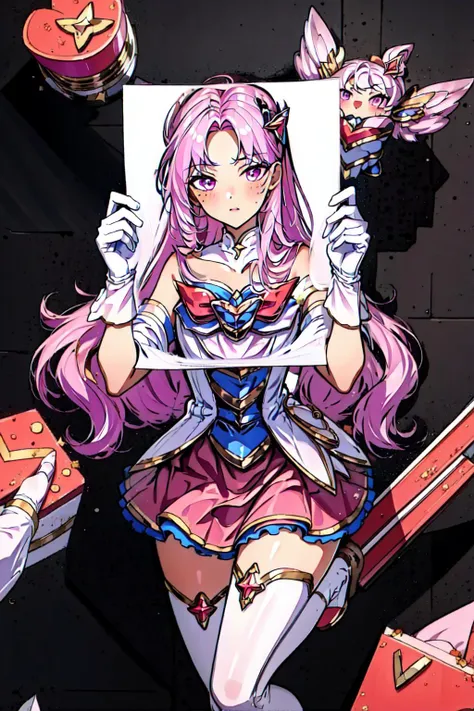 (masterpiece, best quality), intricate details, 8k, artstation, wallpaper, official art, splash art, sharp focus,
1girl, <lora:Star_Guardian_KaiSa_V1:0.8> Star_Guardian_Kai'Sa, white_legwear, white_gloves, pink_skirt,,
paperinface, <lora:pif-000020:1>
