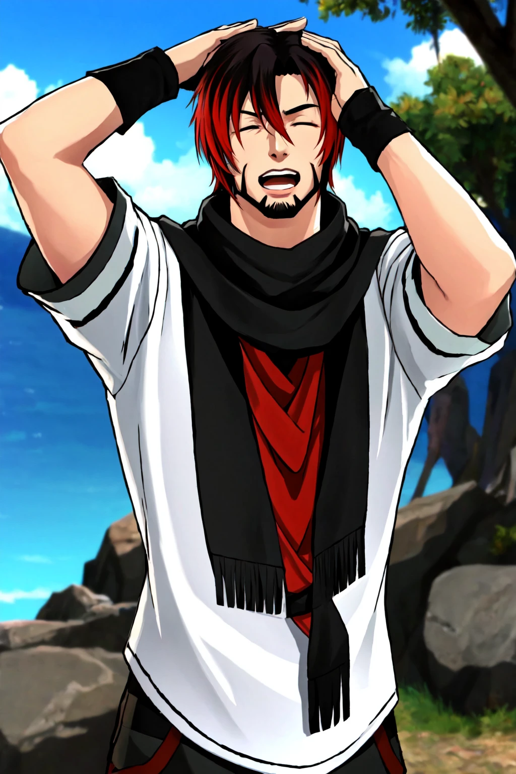 Khit'li L'ocar, arms up, bangs, black scarf,blurry background, closed eyes, facial hair, fingerless gloves, fruit, gloves, goatee, hair between eyes, hands on own head, hyur, jewelry, multicolored hair, necklace, open mouth, outdoors, red hair, scarf, shirt, short hair, short sleeves, stubble, two-tone hair, upper body, water,specular highlights, <lora:Miqote_Khitli:0.4>