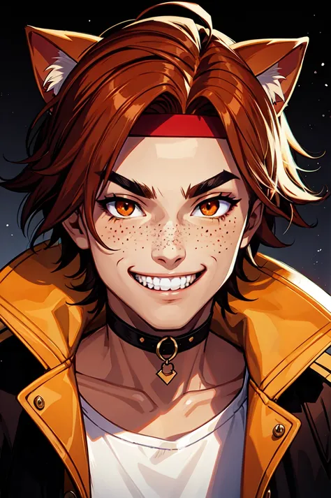 cat ears, 1boy, male focus, solo, smile, orange eyes, freckles, auburn hair, thick eyebrows, looking at viewer, choker, headband, grin, jacket