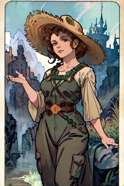 <lora:alphonsemucha:0.4> by alphonse mucha, woman with Sandy brown Curly Bob with Side Part, wearing Safari Explorer: Utility jumpsuit, hiking boots, and wide-brimmed hat., Majestic Water Castle amidst Foggy Mountains, masterpiece, 8k, high resolution, shallow depth of field, sharp focus