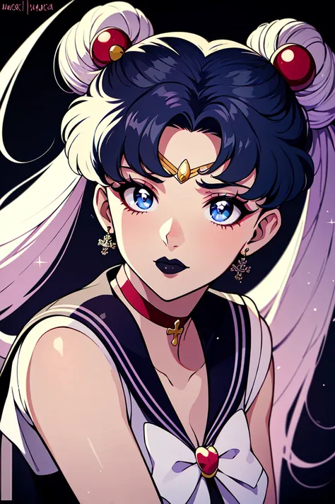 masterpiece, best quality, ((anime)), 1girl, gothic, black lips, solo, black hair, makeup, twin tails, hair buns, sailor moon, multicolored hair, white hair, bangs, eyeshadow, cross, hair bow, bow, lipstick, two-tone hair, artist name, fishnets, mascara, black background, hair ornament