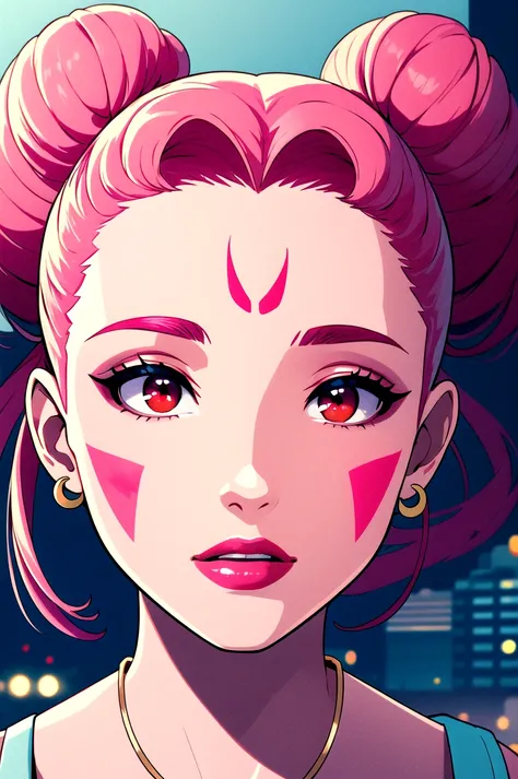 (masterpiece, best quality, ultra-detailed, highres, best illustration),perfect face, ((solo, solo focus)),sidelighting, lustrous skin,(bloom), (shine), ray tracing,1girl, solo, cone hair bun, double bun, forehead mark, jewelry, hair bun, pink hair, earrings, crescent facial mark, facial mark, crescent, double bun, crystal earrings, aged up, lipstick, forehead mark, red eyes, nail polish, twintails, long hair, makeup, checkered background,depth_of_field, city background,very detailed background,extreme light and shadow,(detailed eyes), (beautiful) beautiful detailed eyes, perfect lighting , perfect anatomy,(extremely detailed illustrated 8k wallpaper),(masterpiece), (best quality),(ultra-detailed), (best illustration),(best shadow), vivid colors,