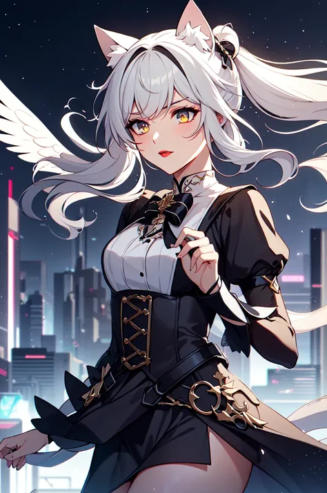 (highres:1.1), best quality, (masterpiece:1.3), beautiful lighting, intricate (high detail:1.2),1girl, gothic, black lips, solo, black hair, makeup, twin tails, hair buns, multicolored hair, white hair, bangs, eyeshadow, cross, hair bow, bow, lipstick, two-tone hair, magical girl outift, ethereal, cat ears, animal ears, angel wings, depth of field, science fiction, cyberpunk, rooftop, cityscape, cowboy shot, beautiful night sky, (summer:1.2), wind swept hair,{specular highlights : beautiful lighting : volumetric lighting},fxaa, octane render,