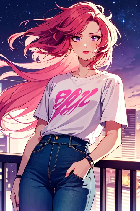 (highres:1.1), best quality, (masterpiece:1.3), beautiful lighting, intricate (high detail:1.2), 1boy, solo, transgender male, two tone hair, multicolored hair, white hair, pink hair, red hair, green hair, purple eyes, long hair, wearing a black and pink anime tshirt, denim jeans, makeup, wristband, lipstick, jewelry, depth of field, science fiction, cyberpunk, balcony, cityscape, beautiful night sky, (summer:1.2), wind swept hair,{specular highlights : beautiful lighting : volumetric lighting},fxaa