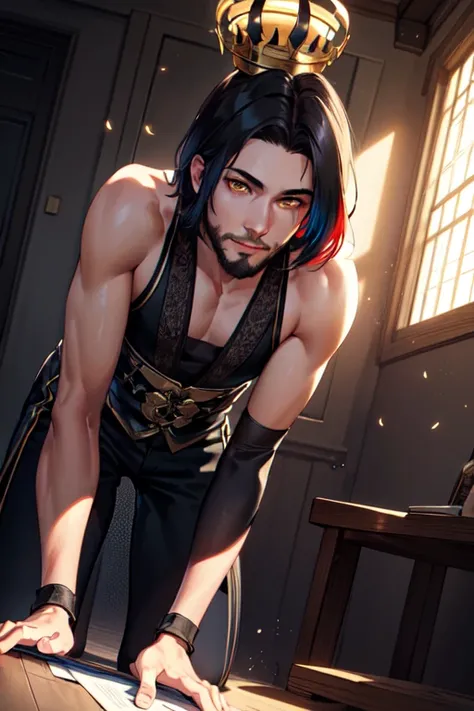 1boy, male focus, beard, stubble, facial hair, multicolored hair, crown, god, (masculine), red eyes, (masterpiece, best quality, ultra-detailed, highres), ((solo)), perfect face, sidelighting, lustrous skin,(bloom), (shine), lighting, ray tracing, sci-fi,1boy, male focus, yellow eyes, depth_of_field,very detailed background, highly detailed background, Masterpiece, Ultra detailed, great composition,Dynamic angle,extremely delicate and beautiful, bent over, (Highest picture quality), (Master's work), extreme light and shadow, masterpiece, rich in detail, (highest quality), (masterpiece), (extremely detailed CG unity 8k wallpaper),(masterpiece), (best quality), (ultra-detailed), (best illustration),(best shadow),perfect lighting , perfect anatomy , vivid colors, (masterpiece),