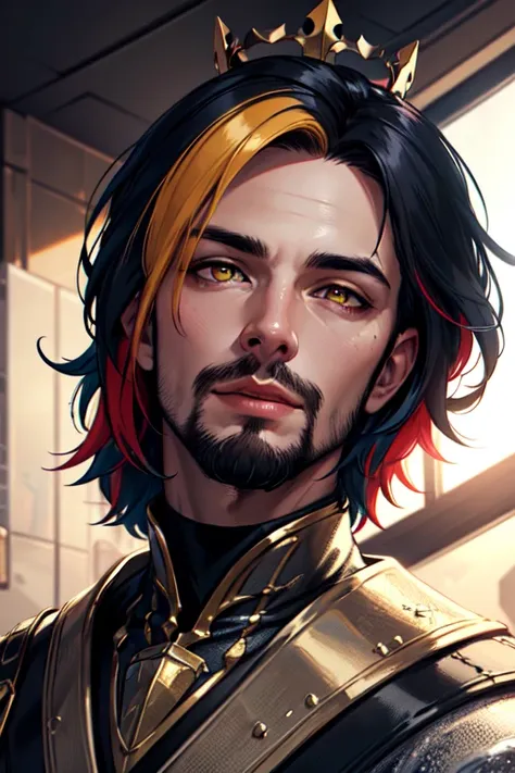 1boy, male focus, beard, stubble, facial hair, multicolored hair, crown, god, (masculine), red eyes,  (masterpiece, best quality, ultra-detailed, highres), ((solo)), perfect face, sidelighting, lustrous skin,(bloom), (shine), lighting, ray tracing, sci-fi,1boy, male focus, yellow eyes, depth_of_field,very detailed background, highly detailed background, Masterpiece, Ultra detailed, great composition,Dynamic angle,(Highest picture quality), (Master's work), extreme light and shadow, masterpiece, rich in detail, (highest quality), (masterpiece), (extremely detailed CG unity 8k wallpaper),(masterpiece), (best quality), (ultra-detailed), (best illustration),(best shadow),perfect lighting , perfect anatomy , vivid colors, (masterpiece),