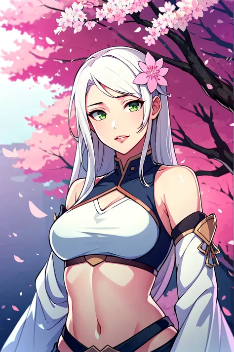 masterpiece, best quality, 1girl, solo, long hair, green eyes, white hair, hair ornament, detached sleeves, midriff, breasts, lips, looking at viewer,bare shoulders, medium breasts, cherry blossoms, upper body,