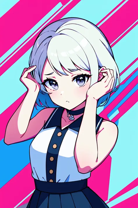 best quality, ultra high res, 1girl, sleeveless white button shirt, black skirt, black choker, cute, (Kpop idol), (aegyo sal), (platinum blonde hair:1), ((puffy eyes)), looking at viewer, upper body, facing front