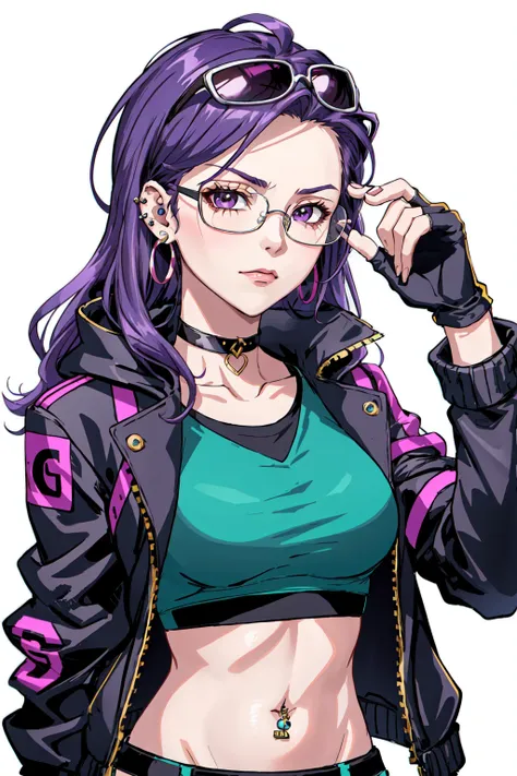 cyberpunk style, 1girl, solo, long hair, looking at viewer, simple background, gloves, white background, jewelry, jacket, upper body, purple hair, earrings, glasses, choker, fingerless gloves, crop top, v, piercing, sunglasses, fishnets, round eyewear, tinted eyewear, pink-tinted eyewear