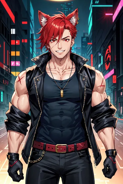 cyberpunk style, solo, looking at viewer, smile, short hair, red eyes, gloves, 1boy, hat, holding, animal ears, jewelry, jacket, weapon, male focus, red hair, open clothes, teeth, sleeveless, black gloves, belt, pants, necklace, vest, black jacket, muscular, scar, black pants, tank top, pectorals, muscular male, bara, large pectorals, over shoulder, manly, biceps, sleeveless jacket, thick arms