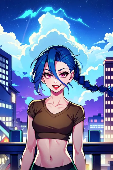 1girl, arm tattoo, asymmetrical bangs, bangs, blue hair, braid, brown shirt, cloud tattoo, looking at viewer, laughing, crazy, uncontrollable laugh, mad look, night, city, green hair, long hair, midriff, pink eyes, red lips, shirt, solo, standing, tattoo, twin braids, upper body, arcane jinx, jinx \(league of legends\)
