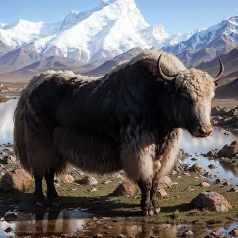 no_humans, black yak, horns, outdoors, solo, animal, rock, water, cloud, mountain, stand on the hill
best quality, 8k, masterpiece <lora:yak_v1:0.75>