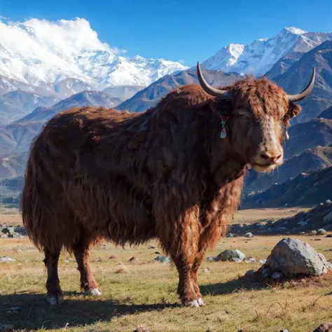 no_humans, brown yak, horns, outdoors, solo, animal, rock, grass, cloud, snow mountain,
best quality, 8k, masterpiece <lora:yak_v1:0.75>